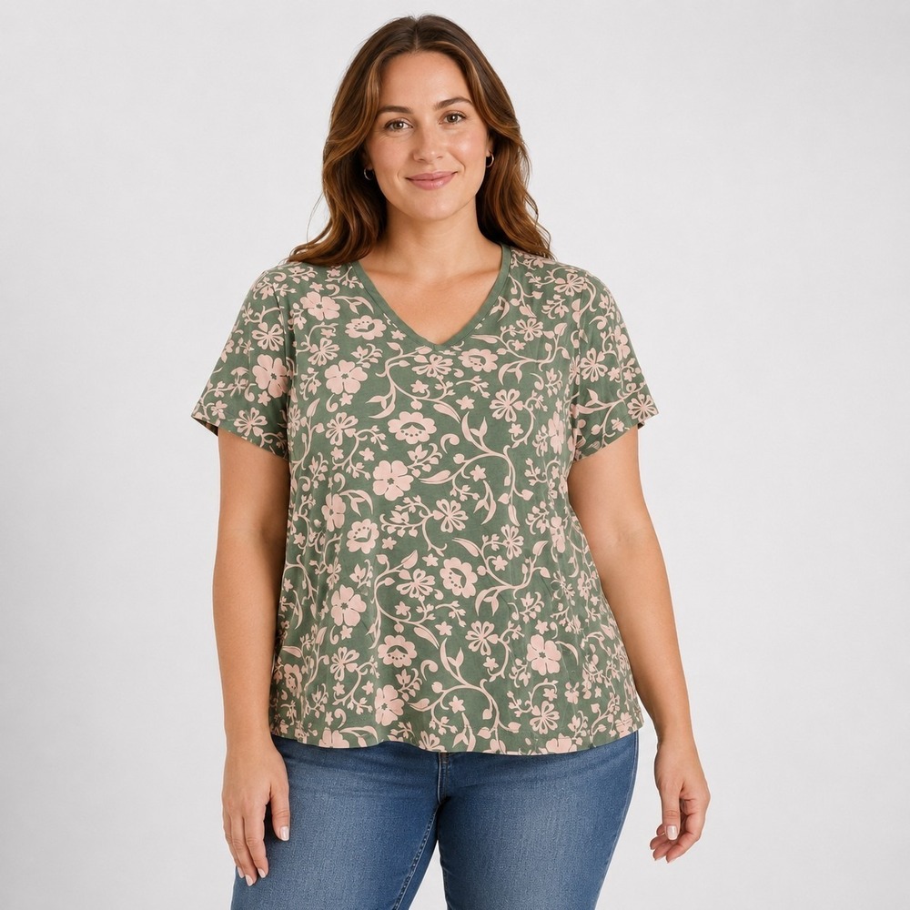 LANDS' END Supima Cotton V-Neck Shirt Size Large (14-16) Tropical Floral Blouse
